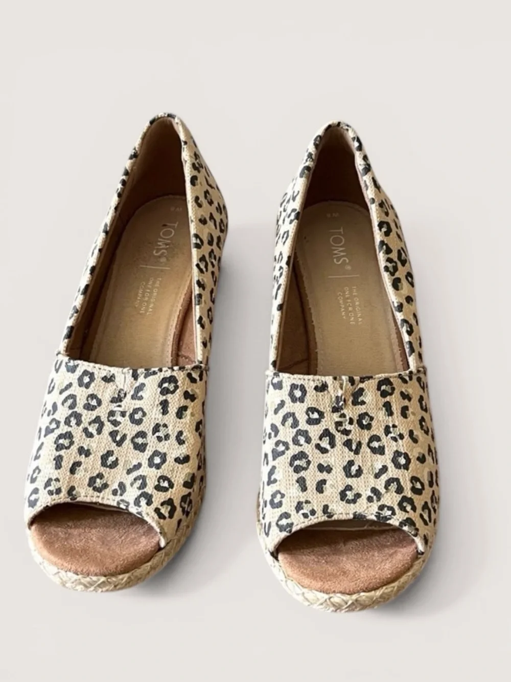Toms Tan and Black Leopard Animal Print Wedge Peep Toe Sandals